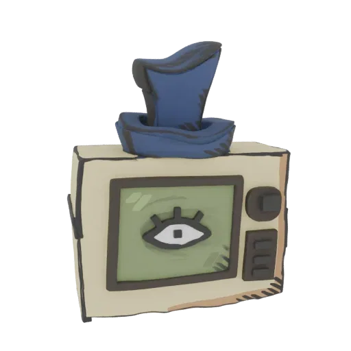 3D model of a retro microwave with a stylized eye on the screen and a blue hat on top, presented on a black background.