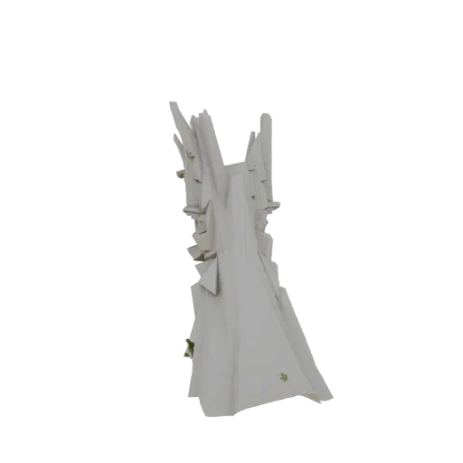 A 3D render of an abstract white sculpture with sharp, jagged edges and overlapping planes, set against a black background.