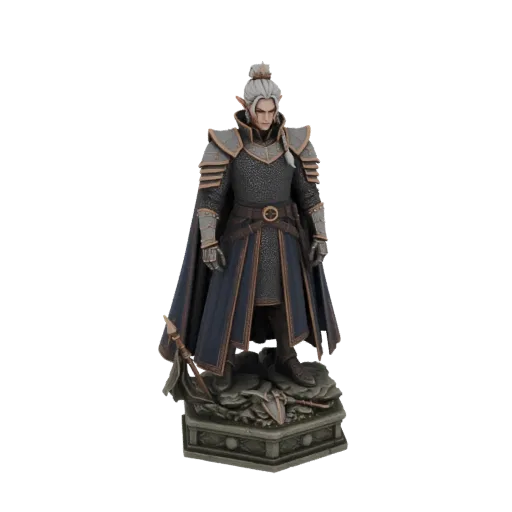 3D model of an Elven Warrior in detailed armor and a blue cape, standing on a rocky base.