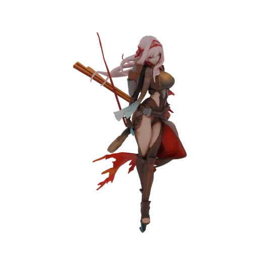 3D model of an anime archer with pink hair, wearing brown and red attire, holding a bow in a dynamic pose against a black bac