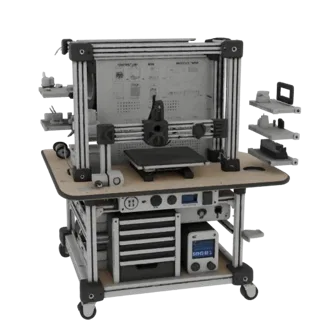 A detailed 3D model of a 3D printing workbench with an integrated 3D printer, tool drawers, and shelving units, rendered on a