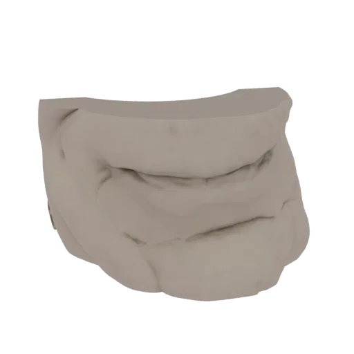 3D render of a rough, unrefined stone block with irregular surfaces and a natural, earthy texture.