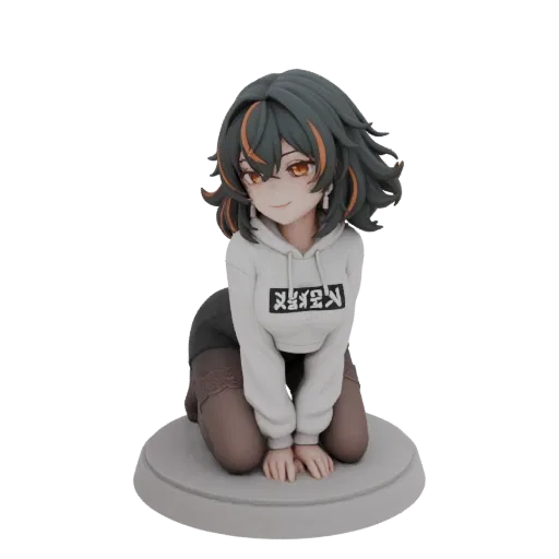 Modelo 3D de chica anime arrodillada con cabello oscuro y ondulado, reflejos naranjas, vistiendo sudadera blanca y medias est