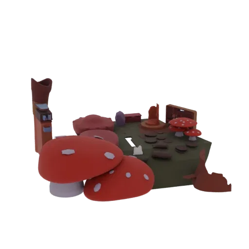 A 3D render of a whimsical diorama featuring large red mushrooms, rustic objects, and a tall brown boot-like structure on a g