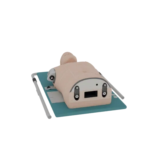 Modelo 3D de Treinador de Torso de RCP para Enfermagem, vista de perfil, renderização técnica, mostrando plásticos neutros, d