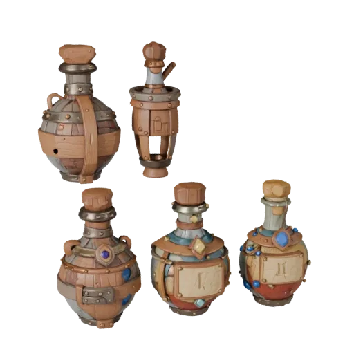 Modelo 3D estilizado de Frasco de Poção de Aventureiro, renderização isométrica estilizada, mostrando madeira envelhecida, si