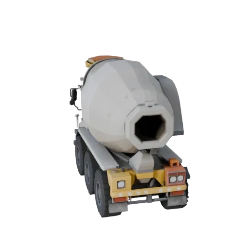Heavy Duty Concrete Mixer Low Poly 3D model, game viewport three-quarter view, showing concrete, site-ready silhouettes.