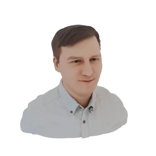 Rendering 3D di un uomo con capelli castani corti che indossa una camicia azzurra, guarda verso lo spettatore con un leggero