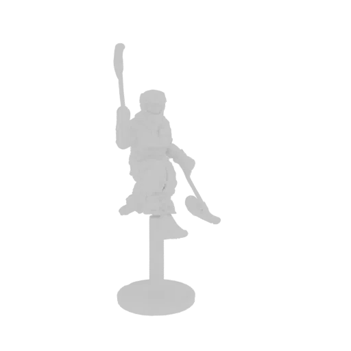 3D-Modell eines jungen Hockeyspielers im weißen, monochromen Stil, sitzend auf einem runden Ständer mit einem Hockeyschläger.