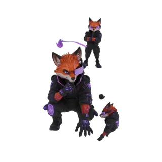 3D model of a cybernetic fox warrior in a dynamic crouched pose, wearing futuristic black and purple armor.