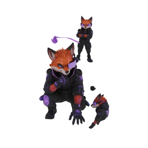 3D model of a cybernetic fox warrior in a dynamic crouched pose, wearing futuristic black and purple armor.
