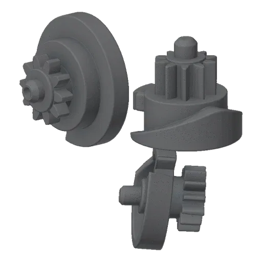 3D render of a dual gear mechanism assembly with two distinct gear sets and supporting components, shown in a neutral gray ma