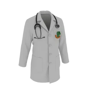 Rendering 3D di un camice bianco da medico con stetoscopio nero drappeggiato sul colletto e una piccola spilla cactus sul bav