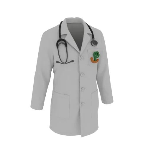 3D render of a white doctor's lab coat with a black stethoscope draped over the collar and a small cactus pin on the lapel.
