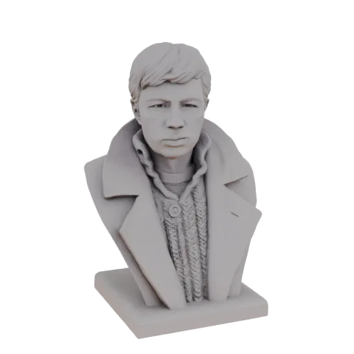 3D model bust of a young man wearing a trench coat over a cable-knit sweater, with a neutral expression.