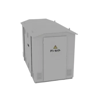 3D model of a gray electrical transformer substation cabinet with a yellow warning symbol on the door, set against a white ba