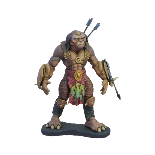 Modèle 3D d'un guerrier Orc musclé à la peau verte, portant une armure tribale, avec des flèches dans le dos et tenant un bou