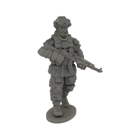 3D model of a modern soldier in tactical gear holding an assault rifle, viewed from the front.