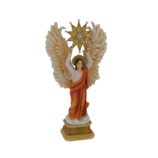 3D model of a serene angel with large wings, holding a star above its head, standing on a cloud base.