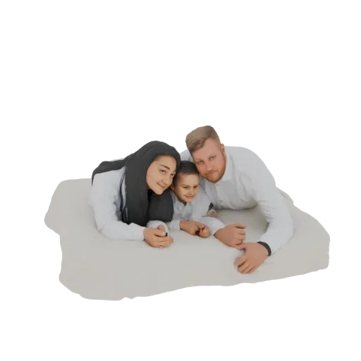 3D model of a family of three - mother, father, and child - lying together on a soft surface, captured in a loving pose.