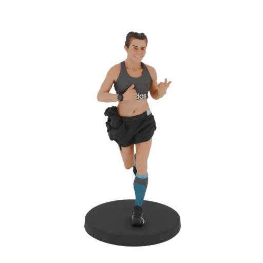 3D model of a female runner in a dynamic mid-stride pose, wearing athletic wear, on a black display base.