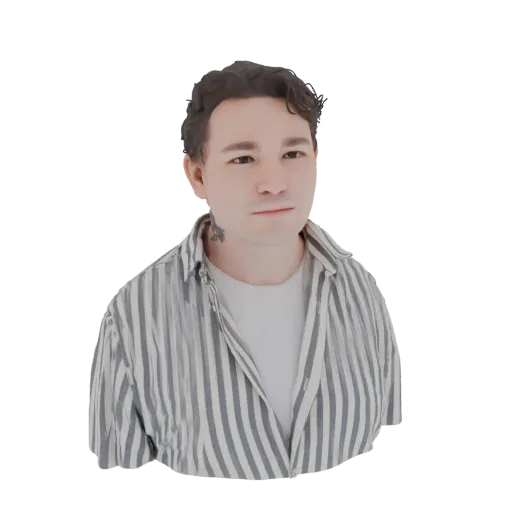Render modello 3D giovane uomo capelli scuri con camicia a righe grigie e bianche su t-shirt bianca.