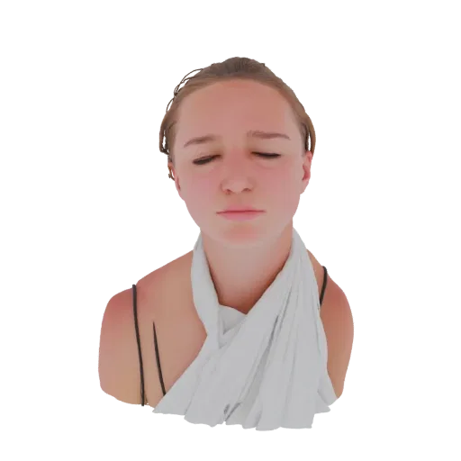 3D model of a young woman with closed eyes, wearing a white scarf draped over her shoulders, against a black background.
