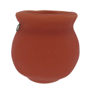 Modèle 3D d'un pot en terre cuite avec un corps arrondi et un petit anneau métallique attaché à son bord, sur fond blanc.