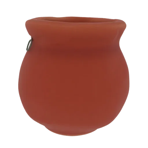 3D model of a terracotta clay pot with a rounded body and a small metal ring attached to its rim, set against a white backgro