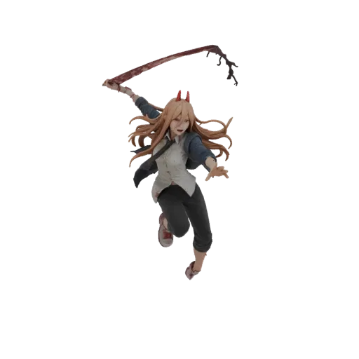 3D model of Power from Chainsaw Man in a dynamic action pose, wielding a bloody whip.