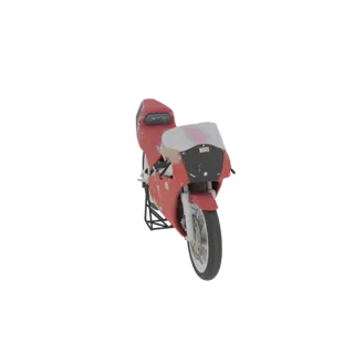 3D model of a red sport motorcycle with a prominent front fairing, viewed from the front-right.