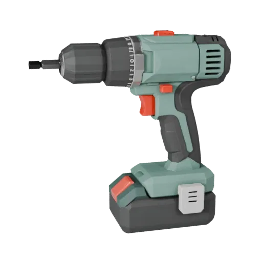 Cordless Drill Low Poly 3D model, game viewport three-quarter view, showing molded plastic, ergonomic handles.