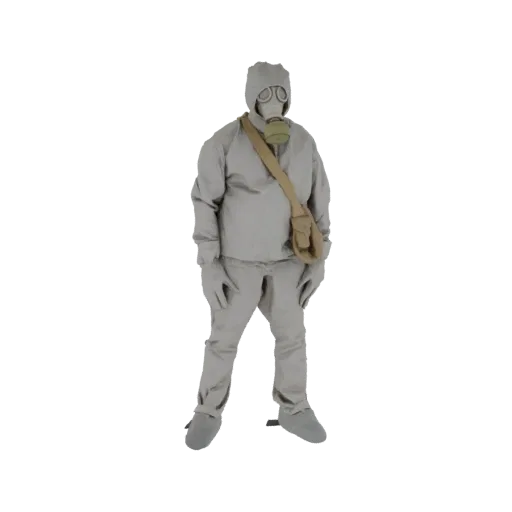 3D model of a person wearing a gray hazmat suit, gas mask, and carrying a tan bag, standing against a white background.