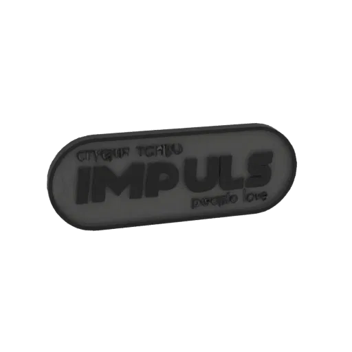 3D render of a dark, oval Impuls logo emblem with embossed text and a subtle tagline.