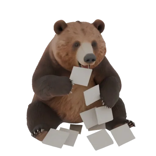 3D model of a brown bear sitting and holding square paper sheets, with a slot in its mouth for inserting paper.
