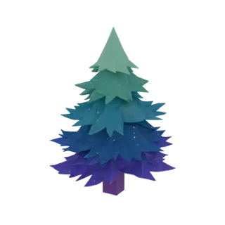 Modello 3D di albero stilizzato con colorazione sfumata dal verde chiaro al viola, con bagliori magici.