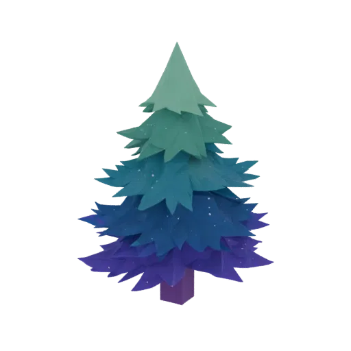 Modello 3D di albero stilizzato con colorazione sfumata dal verde chiaro al viola, con bagliori magici.