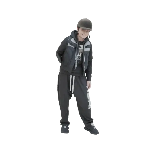 3D model of a person wearing a dark equestrian helmet, a black vest over a grey hoodie, and dark track pants with white strip