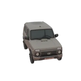 3D-Modell-Rendering eines klassischen beigen Lada Niva SUV mit getönten Fenstern und einem belarussischen Nummernschild.
