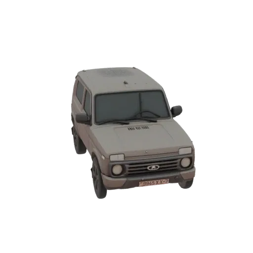 3D model render of a classic beige Lada Niva SUV with tinted windows and a Belarusian license plate.