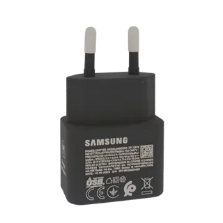 3D model of a black Samsung EP-T20 power adapter with EU plug, showing embossed logo and text details.