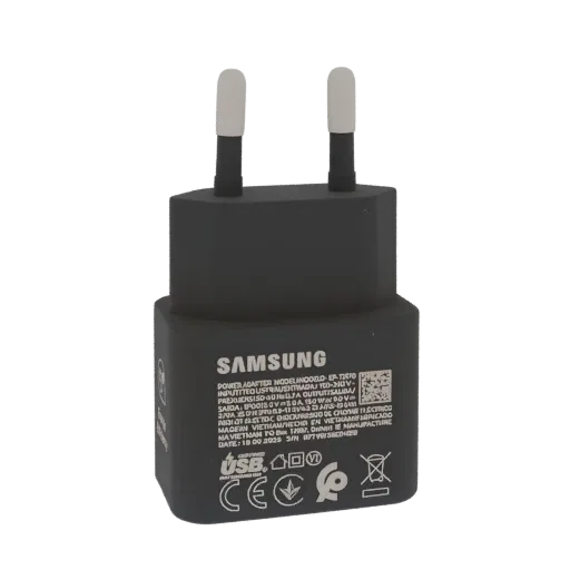 3D model of a black Samsung EP-T20 power adapter with EU plug, showing embossed logo and text details.