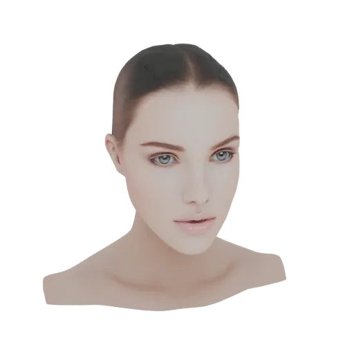 3D render of an AI-generated woman's head with realistic skin, detailed features, and captivating blue eyes, presented on a t