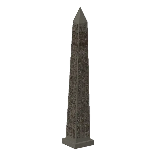 3D model of a tall, dark gray ancient Egyptian obelisk covered in detailed hieroglyphs, standing on a square base against a w