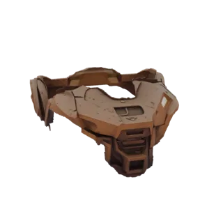 Modelo 3D de una armadura de pecho sci-fi futurista con placas angulares y acabado metálico desgastado, sobre fondo blanco.