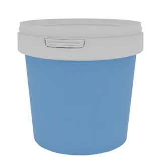 Un rendu 3D d'un seau en plastique bleu avec un couvercle blanc, présenté sur un fond uni.