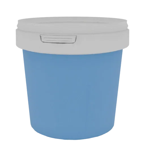 Un rendering 3D di un secchio blu in plastica con coperchio bianco, presentato su uno sfondo neutro.