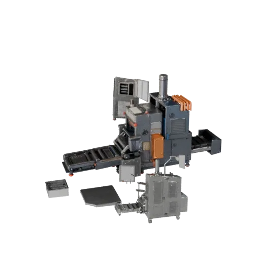 Packaging Packing Machine Stylized 3D model, stylized isometric render, showing painted steel, machine stations.