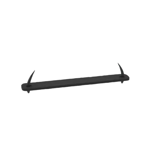 A 3D render of a minimalist wall shelf with a dark, matte finish and distinctive angled metal brackets.