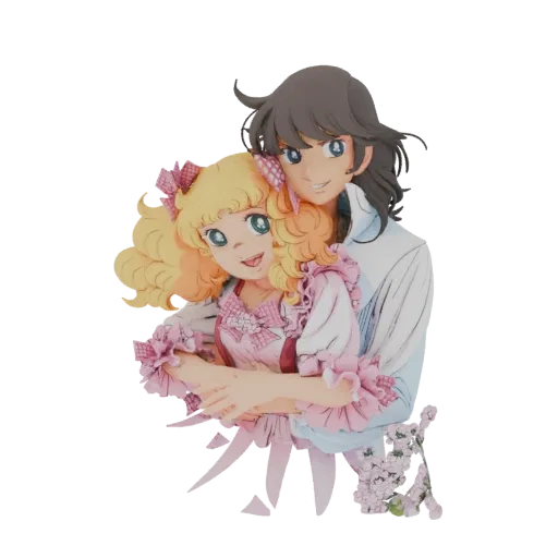 Modelo 3D de uma garota anime loira com olhos azuis sendo abraçada por um garoto anime de cabelo escuro, ambos sorrindo.